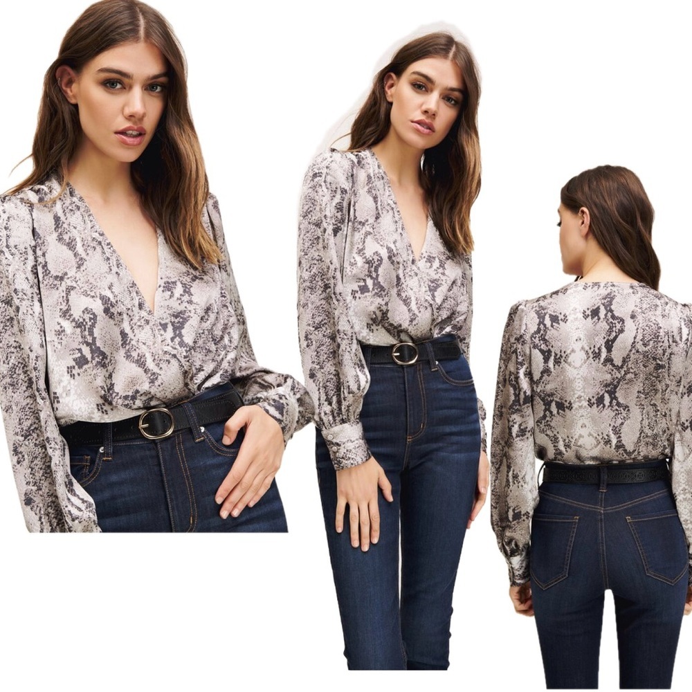 Dynamite gray Zoe animal Snake print Wrap Bodysuit L NWOT long sleeve V-neck